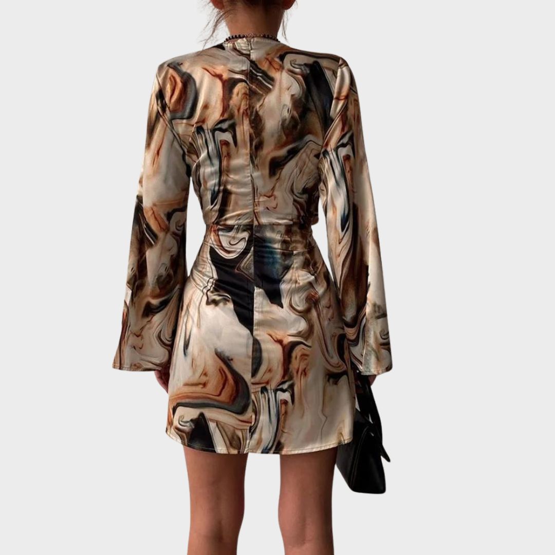 Jena Wickelkleid für Damen – Textdruck, V-Ausschnitt, elegante lange Ärmel