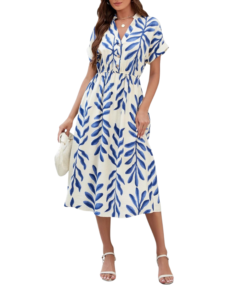 Vestido Rosita Mulher Boémio – Decote em V, Mangas Curtas, Cintura Alta, Bolsos Verão