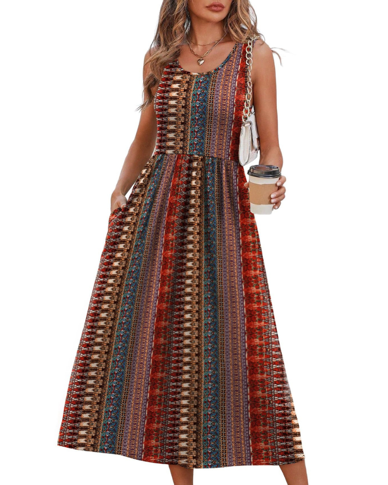 Vestido Midi Jensy Feminino – Vestido Fluido Corte A com Bolsos, Cintura Império e Corte Elegante de Verão