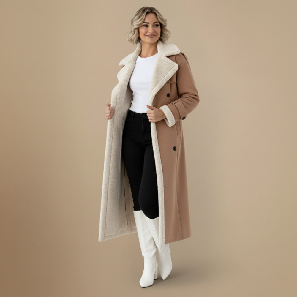 Rinna Casaco Longo Mulher – Casaco com Duplo Abotoamento Efeito Camurça com Gola Forrada & Estilo Chic