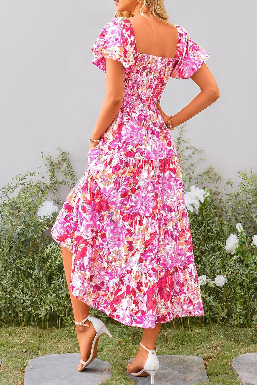 Juanna Midi Dress for Women Summer – Square Neck Smocked Dress with Puff Sleeves & Ruffles