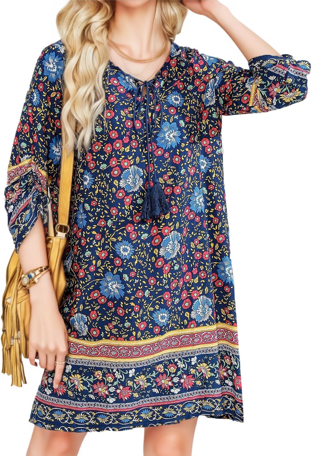 Dámská tunika Mara na léto – květinový boho styl, 3/4 rukávy a mašle