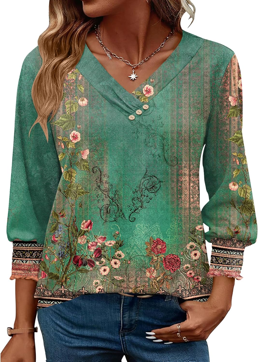 Camélia Blouse Femme – Tunique Élégante à Col V et Manches 3/4