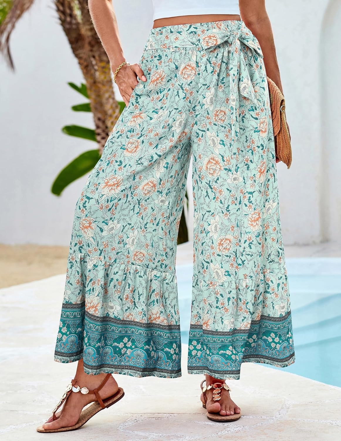 Zainab Dámske Palazzo Nohavice Boho – Široký Plynulý Strih, Vysoký Elastický Pás Letné
