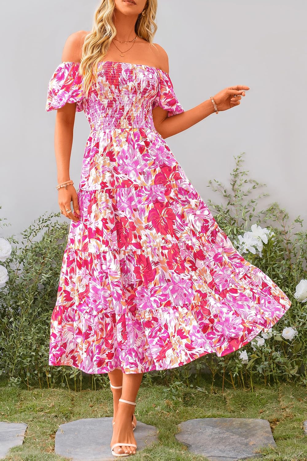 Juanna Midi Dress for Women Summer – Square Neck Smocked Dress with Puff Sleeves & Ruffles