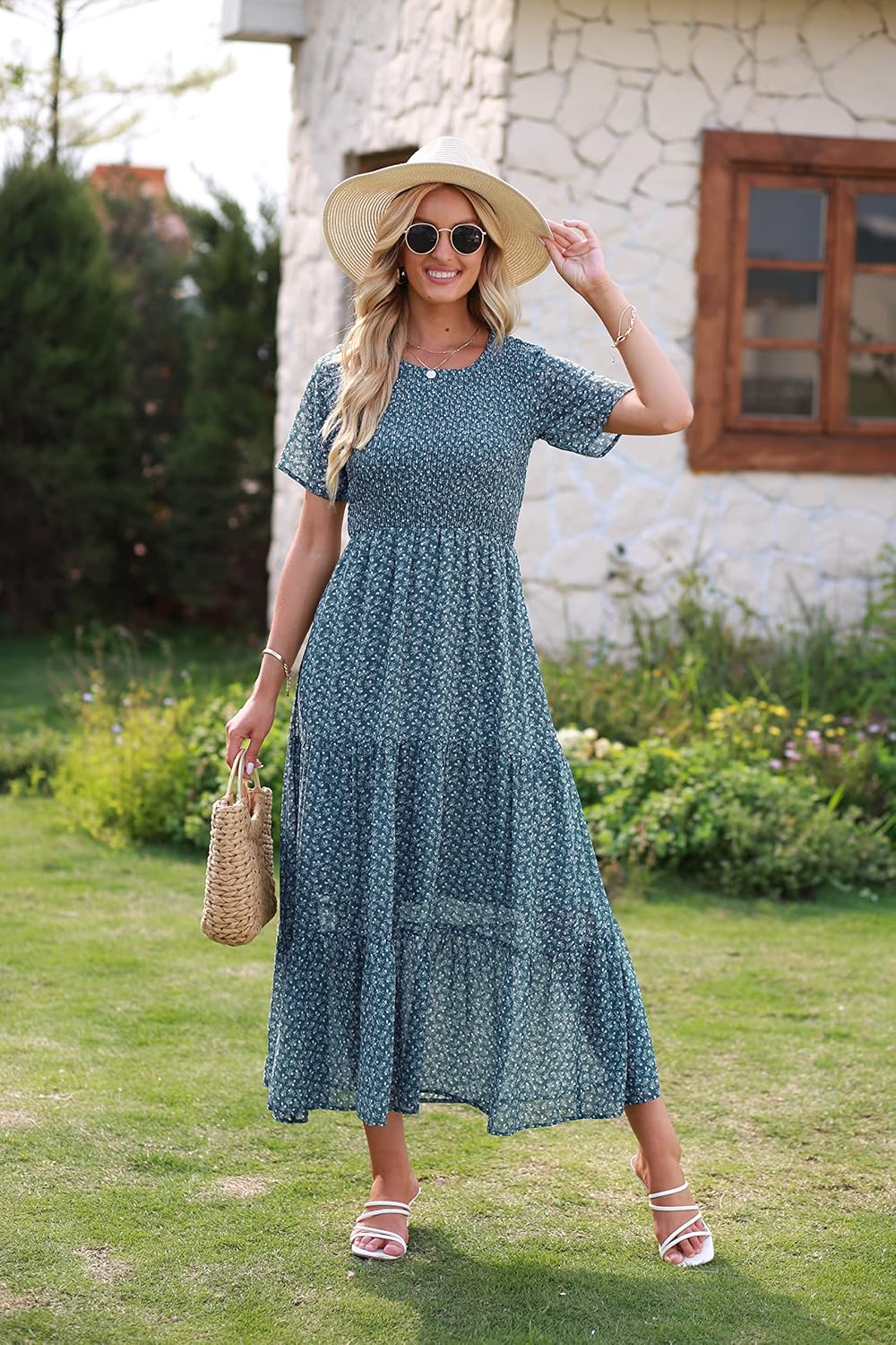 Vestido Maxi Élise Mulher – Vestido Floral Boémio Smock Folhos Verão Elegante