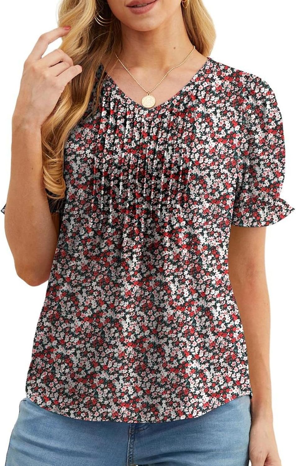 Amélie Blouse Femme Col V – Haut Plissé à Manches Volantées Élégant