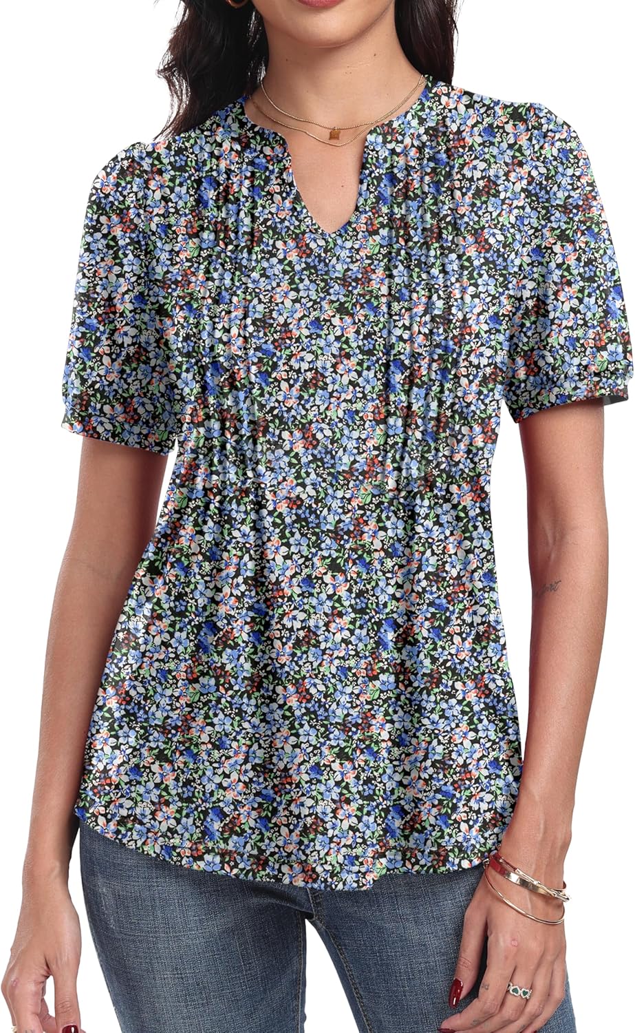Top Élise Feminino Floral – Blusa com Decote em V Plissada e Mangas com Folhos Elegante