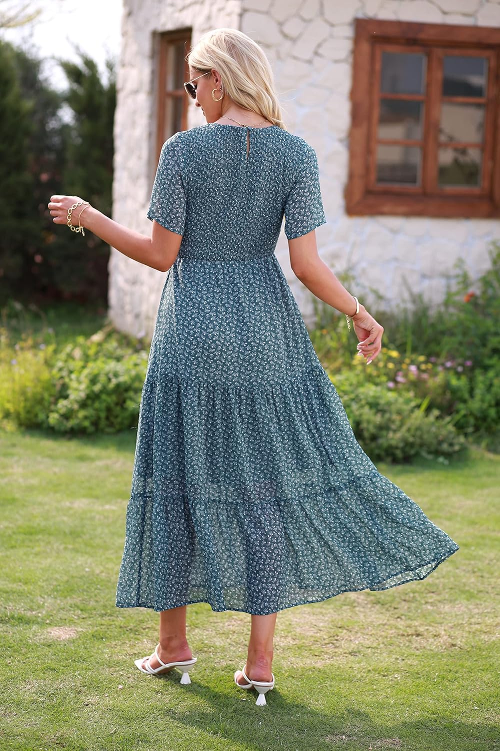 Vestido Maxi Élise Mulher – Vestido Floral Boémio Smock Folhos Verão Elegante