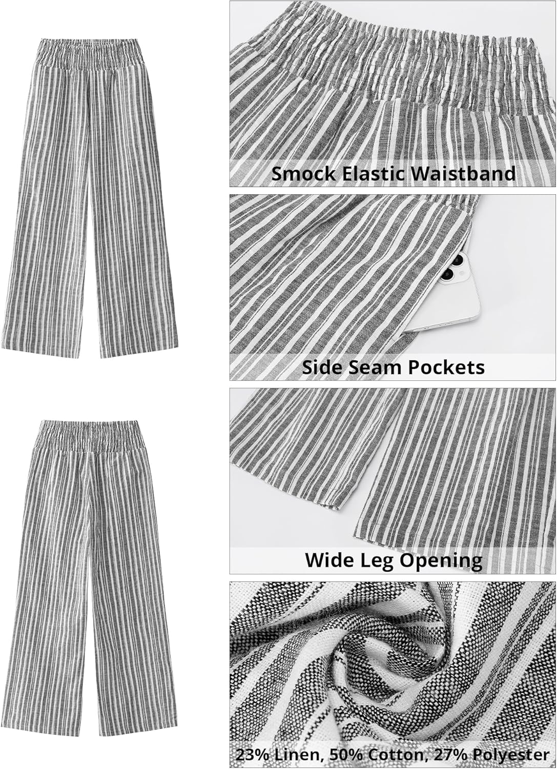 Rian Pantalon Femme Lin Rayé – Palazzo Large Taille Haute Élastique Été Chic