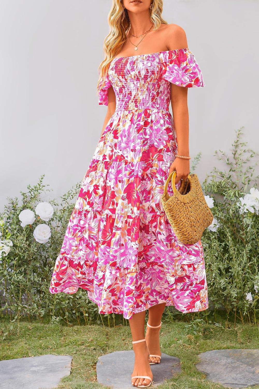 Juanna Midi Dress for Women Summer – Square Neck Smocked Dress with Puff Sleeves & Ruffles