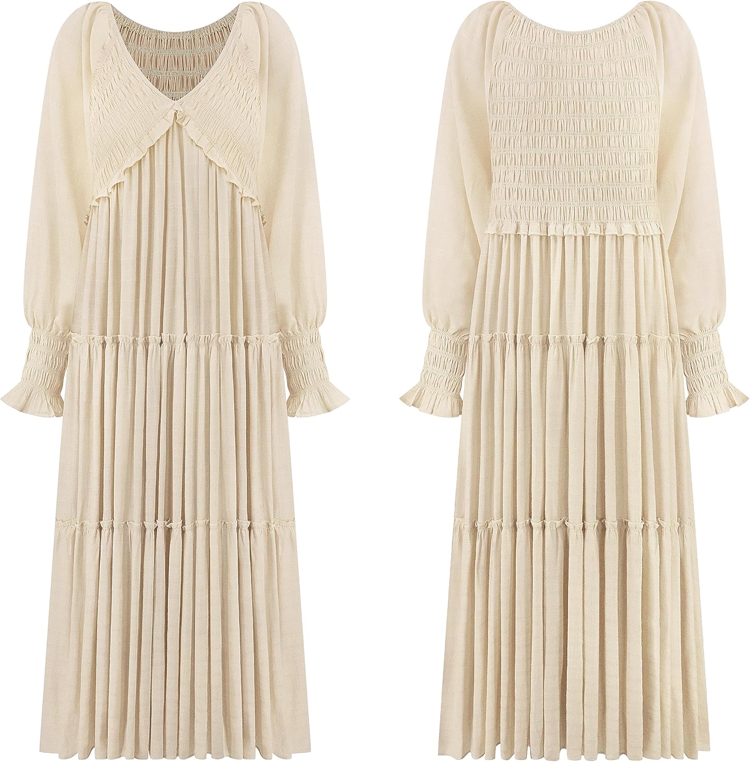 Eva Robe Maxi Femme – Robe Bohème Col V Manches Longues Smockée Volants