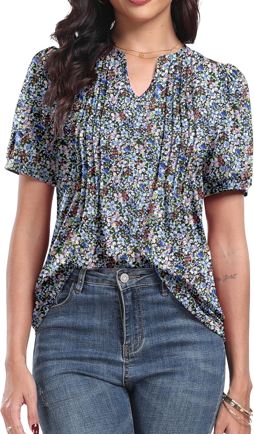 Top Élise Feminino Floral – Blusa com Decote em V Plissada e Mangas com Folhos Elegante