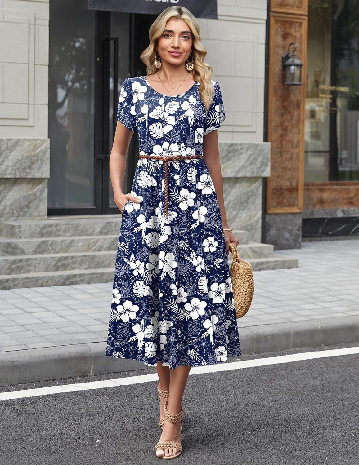 Wella Robe Femme – Sukienka z okrągłym dekoltem, krótkimi rękawami, krojem swing midi i kieszeniami na lato
