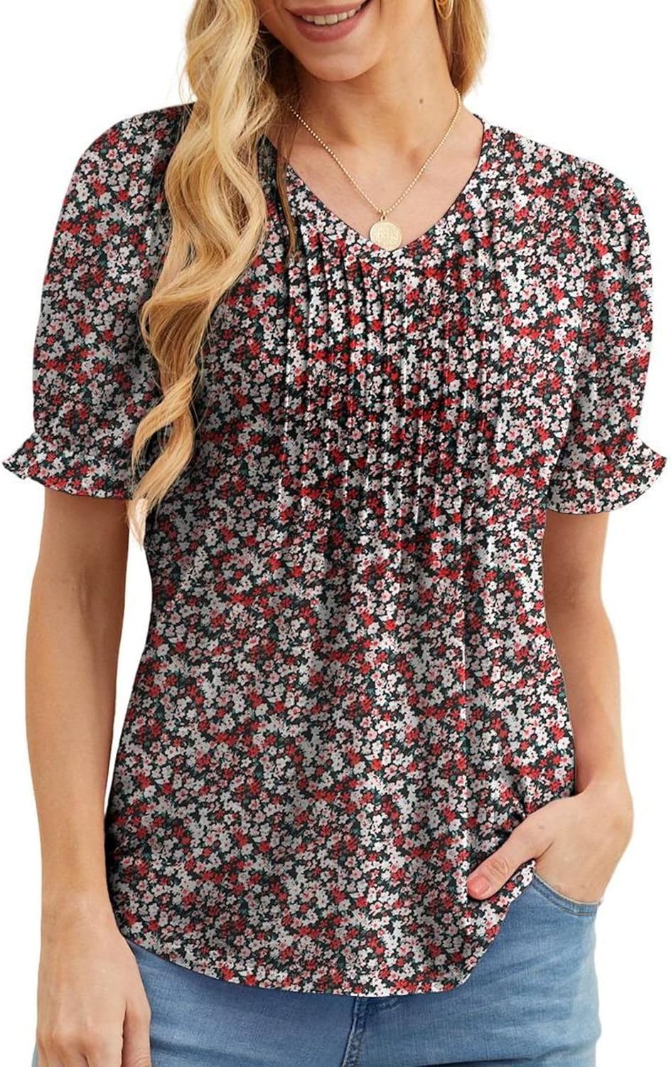 Amélie Blouse Femme Col V – Haut Plissé à Manches Volantées Élégant