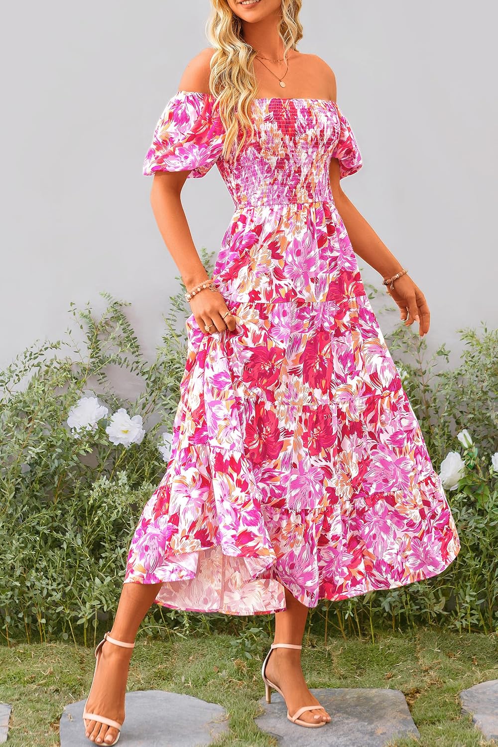 Juanna Midi Dress for Women Summer – Square Neck Smocked Dress with Puff Sleeves & Ruffles