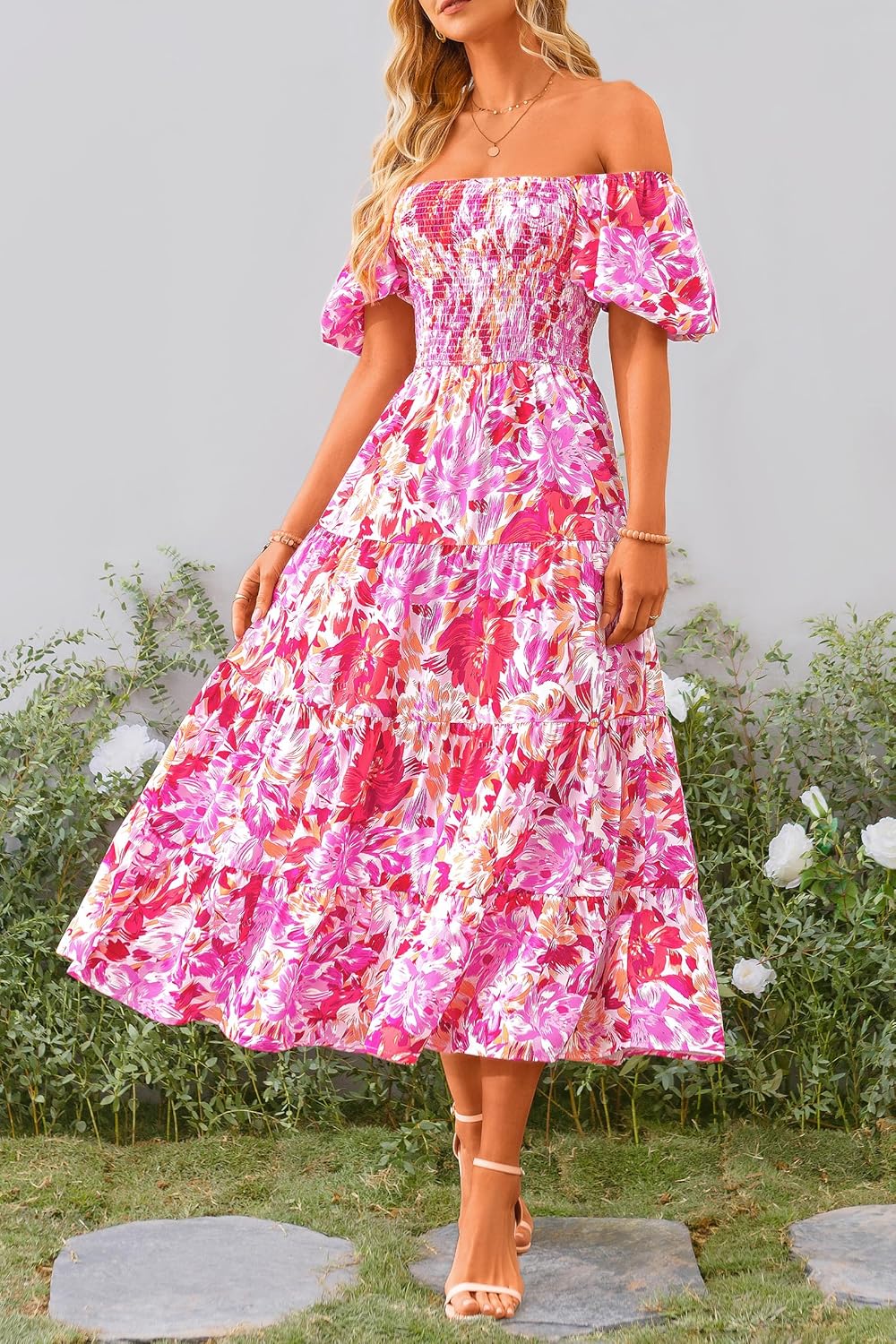 Juanna Midi Dress for Women Summer – Square Neck Smocked Dress with Puff Sleeves & Ruffles