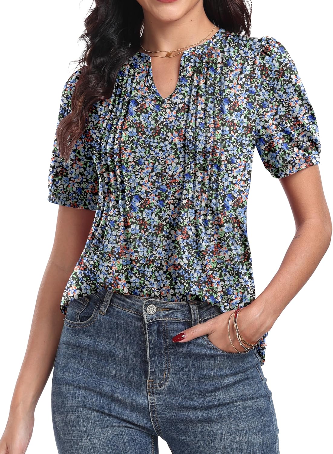 Top Élise Feminino Floral – Blusa com Decote em V Plissada e Mangas com Folhos Elegante