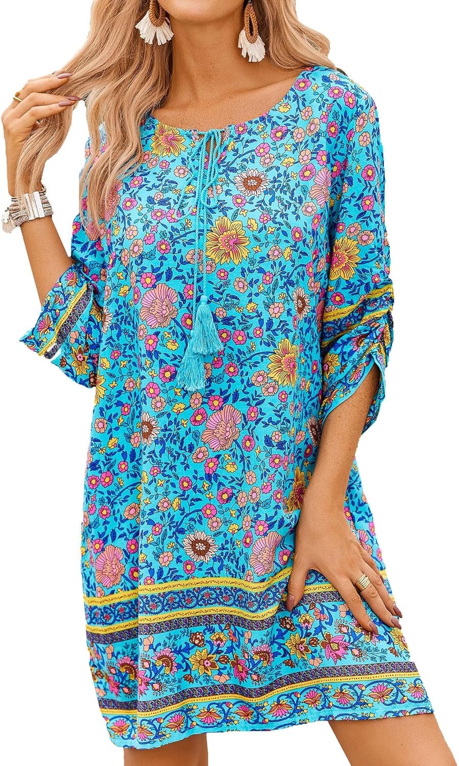 Dámská tunika Mara na léto – květinový boho styl, 3/4 rukávy a mašle