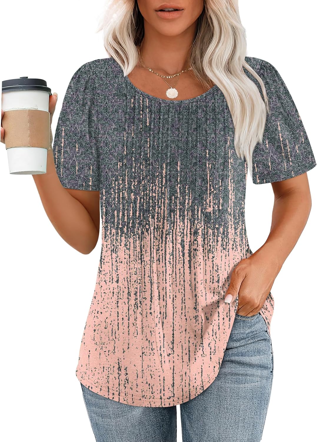 T-shirt Sophie Mulher – Top Plissado Gola Redonda Mangas Curtas Elegante Túnica