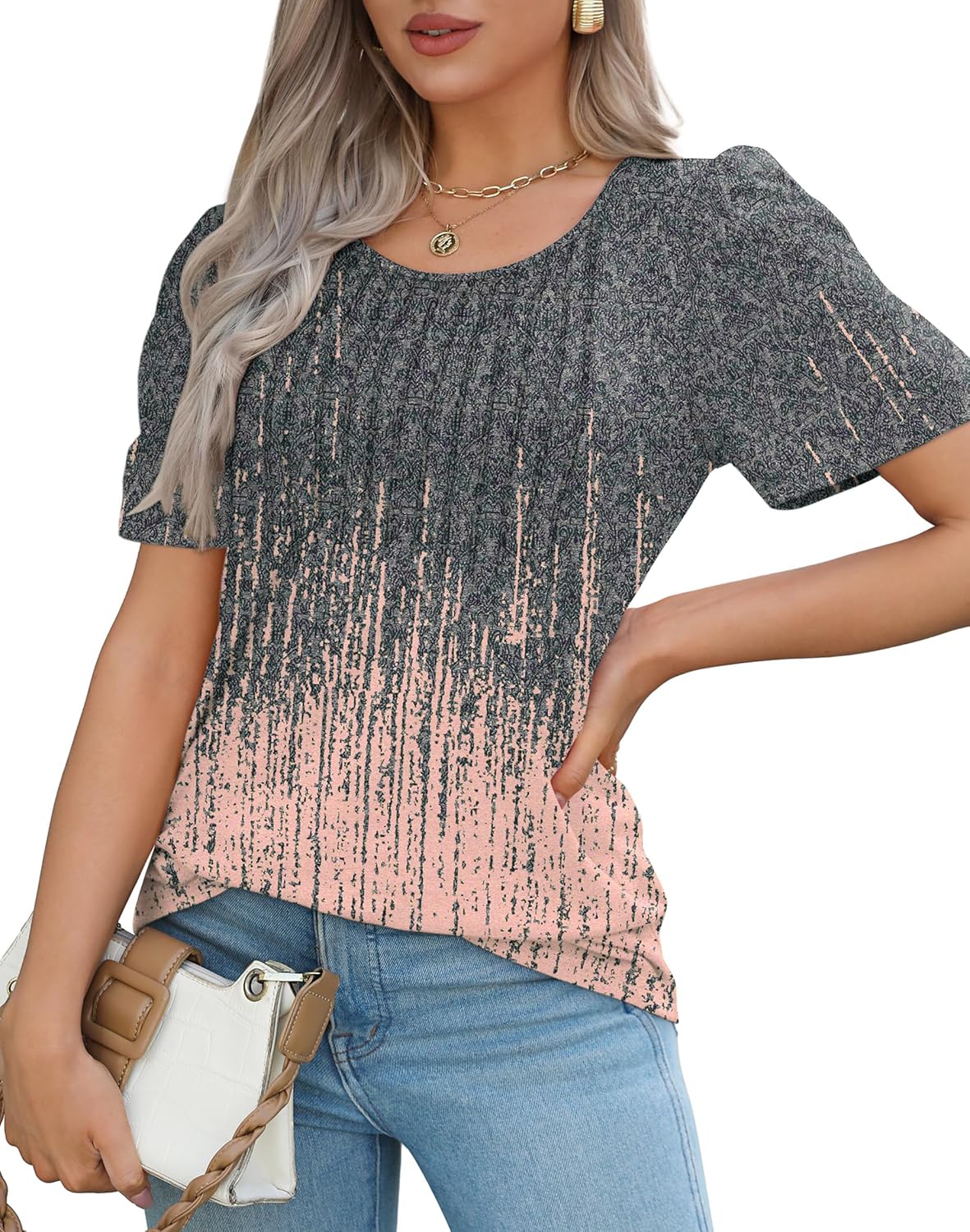 T-shirt Sophie Mulher – Top Plissado Gola Redonda Mangas Curtas Elegante Túnica