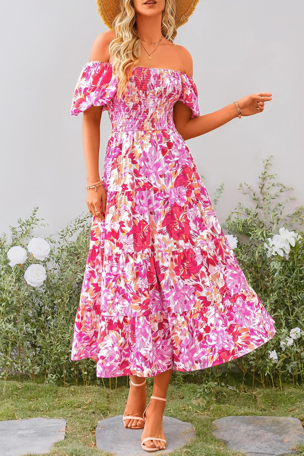Juanna Midi Dress for Women Summer – Square Neck Smocked Dress with Puff Sleeves & Ruffles