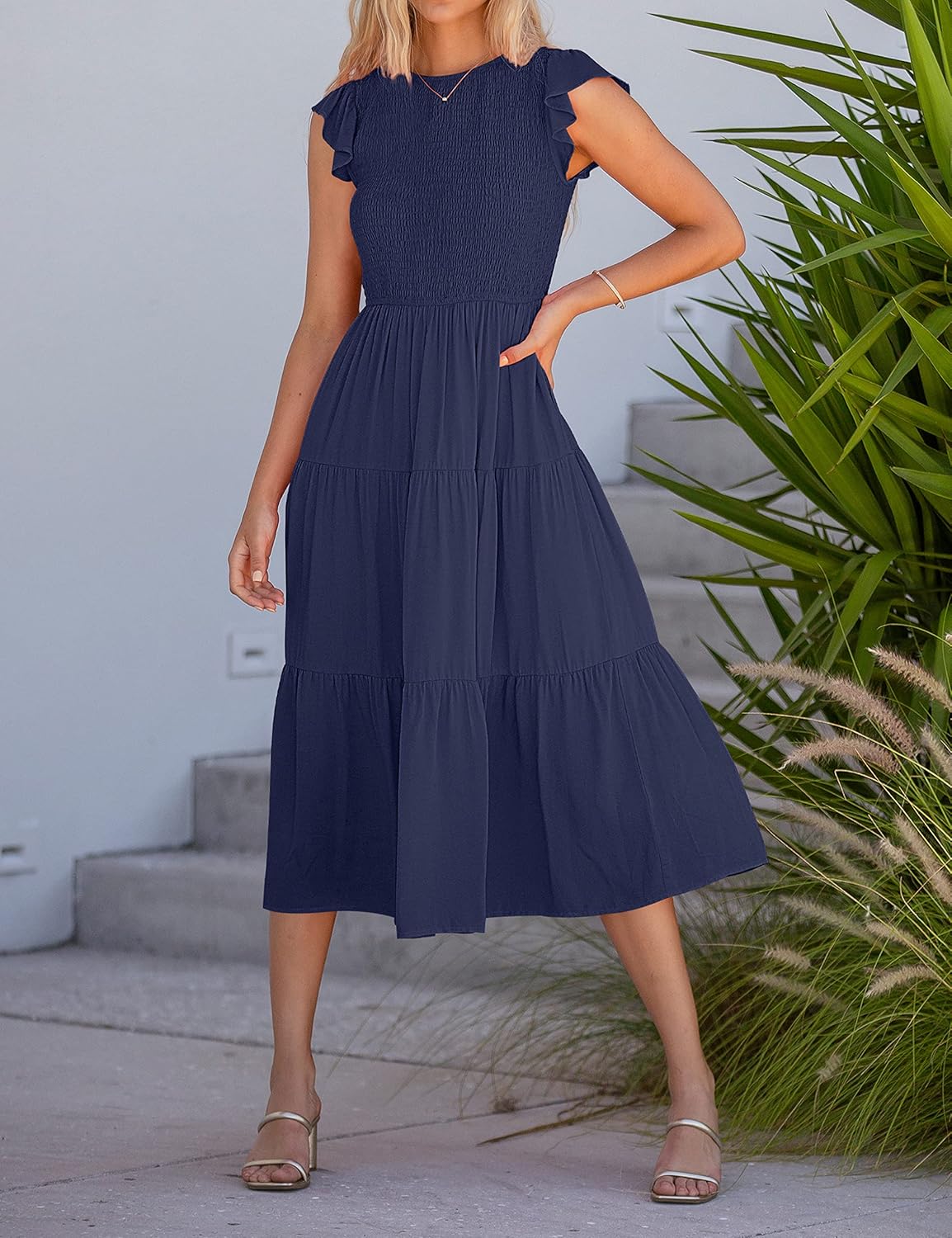 Louise Robe Midi Femme – Robe Été Smockée Manches Volantes Coupe A-Line Élégante