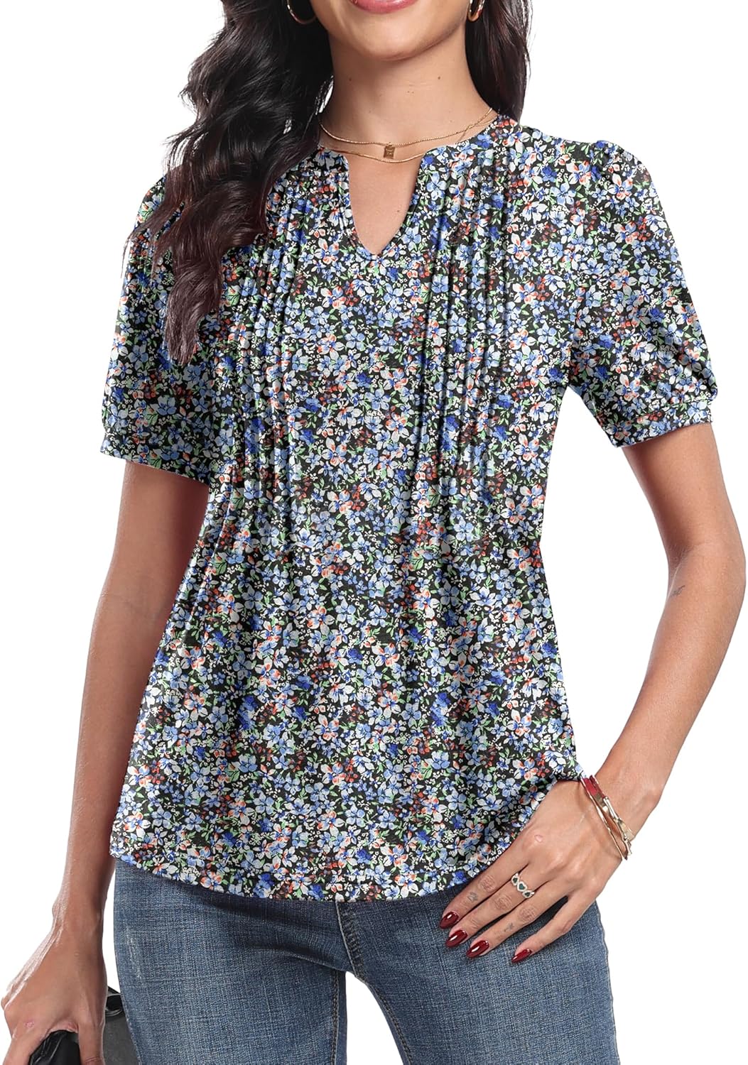 Top Élise Feminino Floral – Blusa com Decote em V Plissada e Mangas com Folhos Elegante