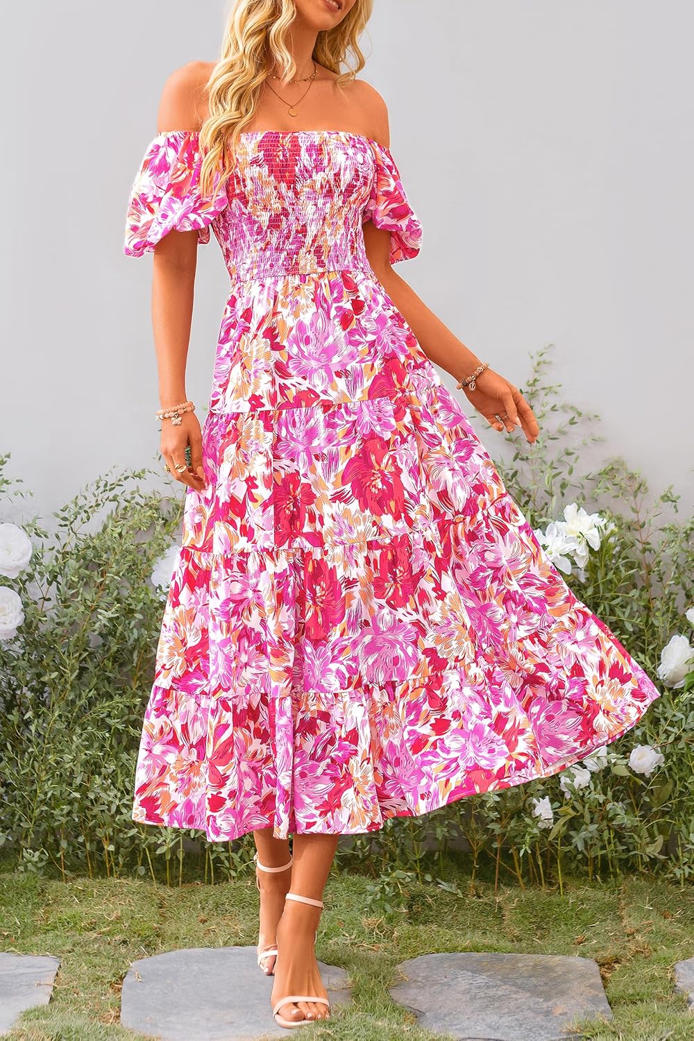 Juanna Midi Dress for Women Summer – Square Neck Smocked Dress with Puff Sleeves & Ruffles