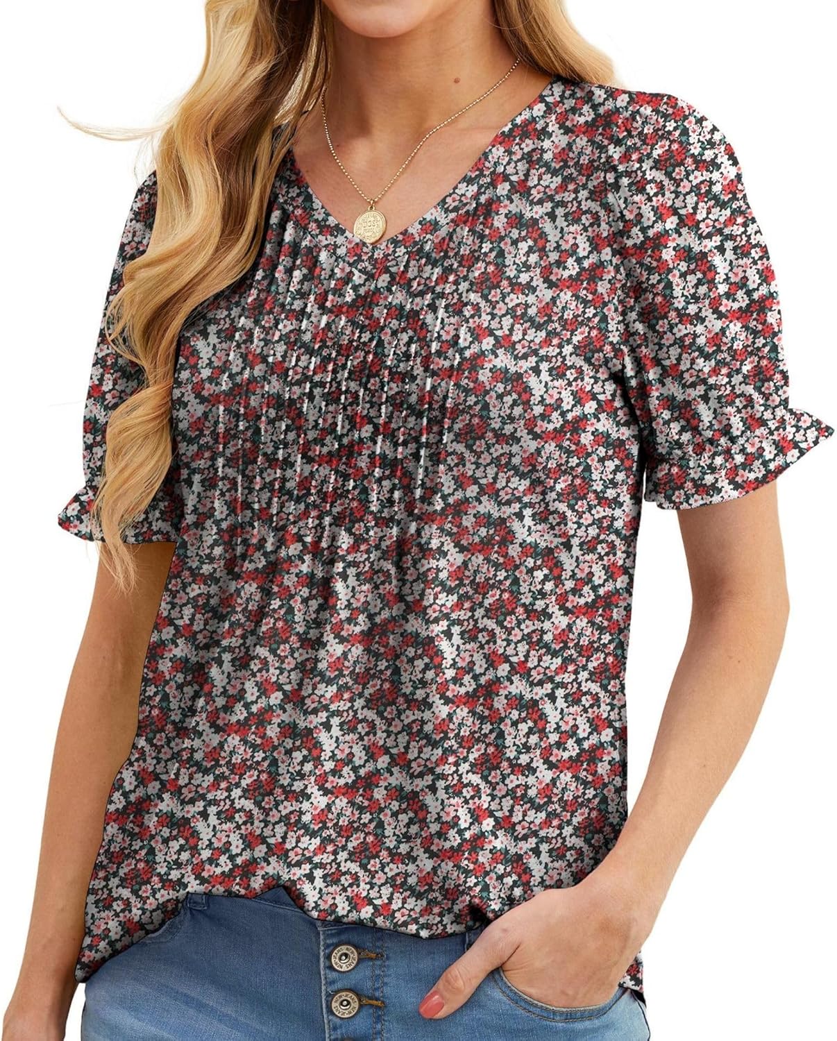 Amélie Blouse Femme Col V – Haut Plissé à Manches Volantées Élégant