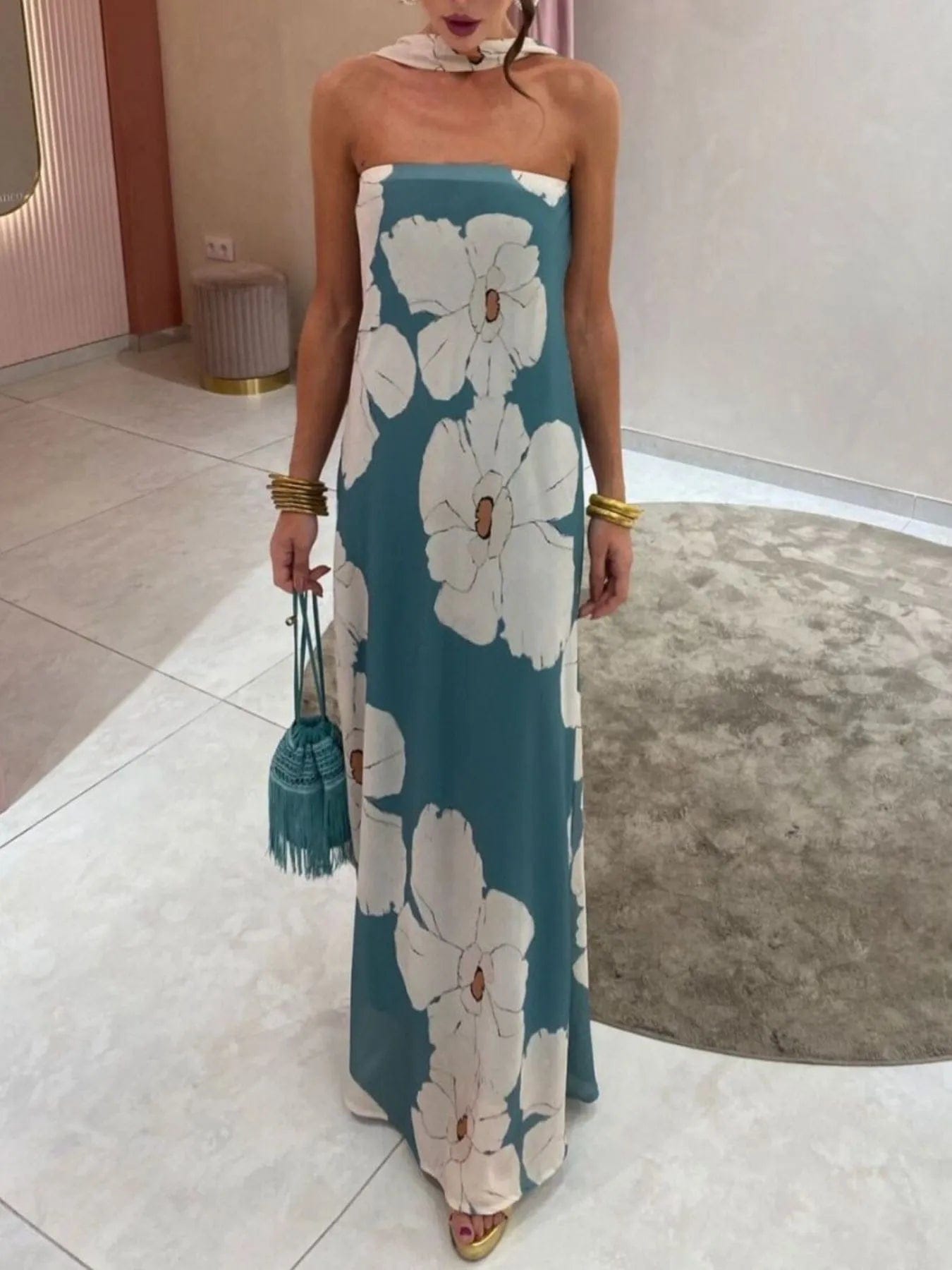 Isaline Robe Maxi Femme – Robe Tube Imprimée Sans Bretelles Coupe Longue Élégante Été