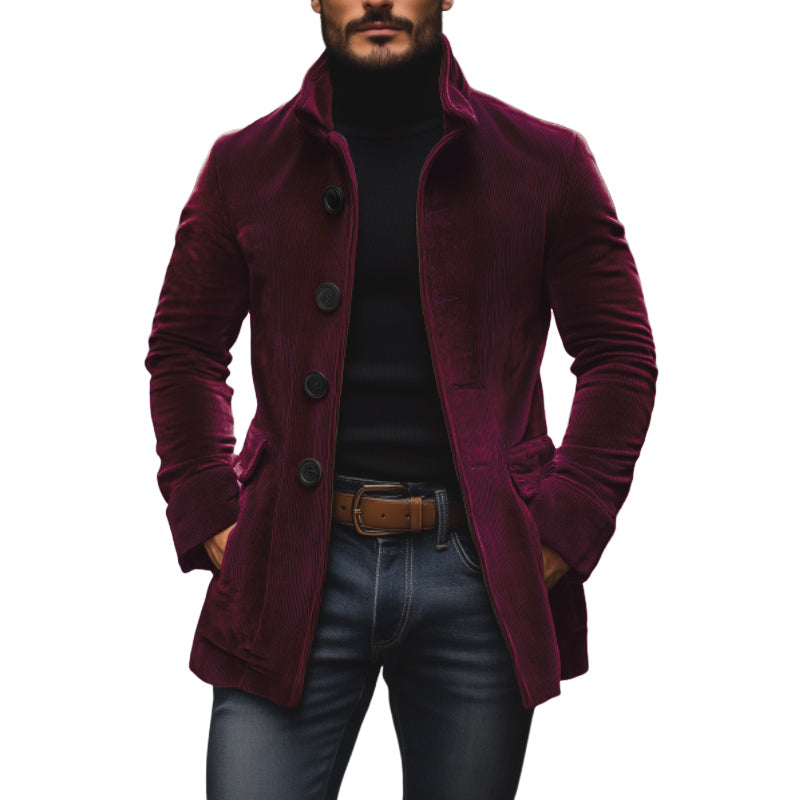 Emerson Men's Corduroy Velvet Coat – Slim Fit with Stand-up Collar & Elegant Side Pockets