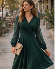 Juana Robe Femme – Style Vintage Col V, Manches Longues & Coupe A-Line Midi Élégante
