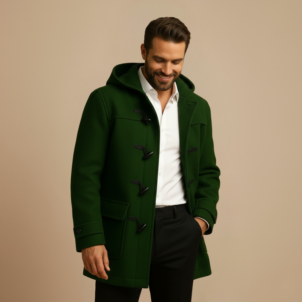 Joen Trench Lang Herren – Skandinavischer Mantel mit Kapuze, Hornknöpfen & Retro-Stil