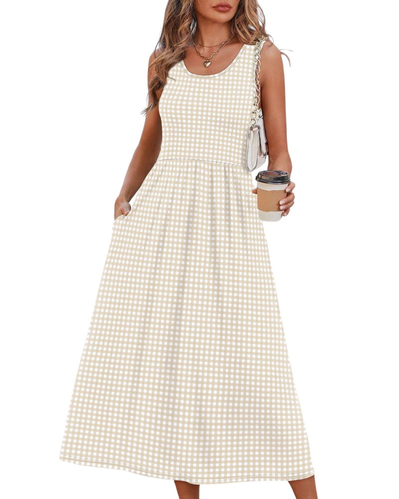 Vestido Midi Jensy Feminino – Vestido Fluido Corte A com Bolsos, Cintura Império e Corte Elegante de Verão