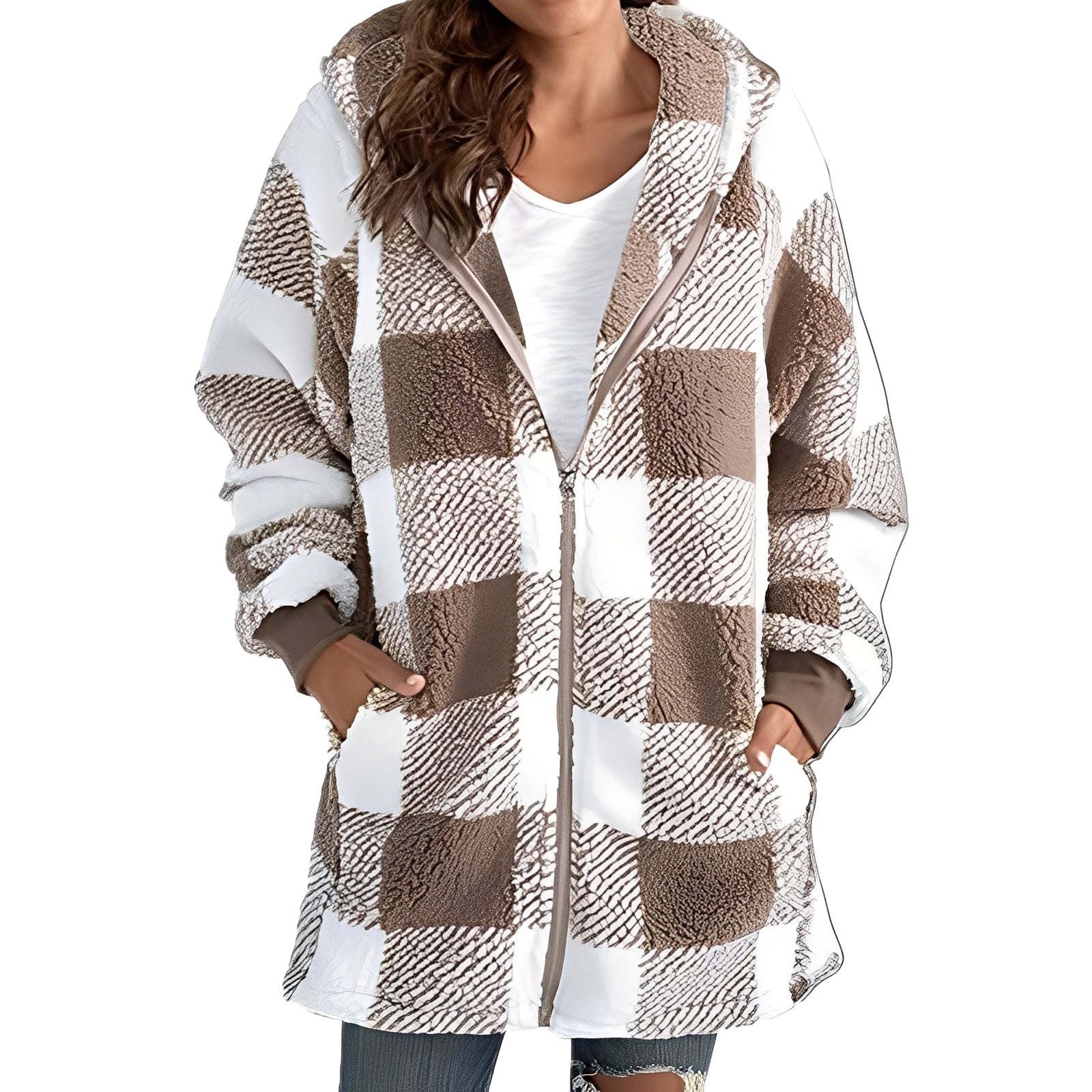 Madison Casaco com Capuz às Quadrados para Mulher – Casaco Macio e Quente com Corte Confortável e Design às Quadrados na Moda