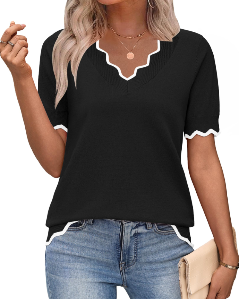 Amirah Top Dámsky – Ľahký pulóver s krátkymi rukávmi a výstrihom do V, elegantný business casual štýl