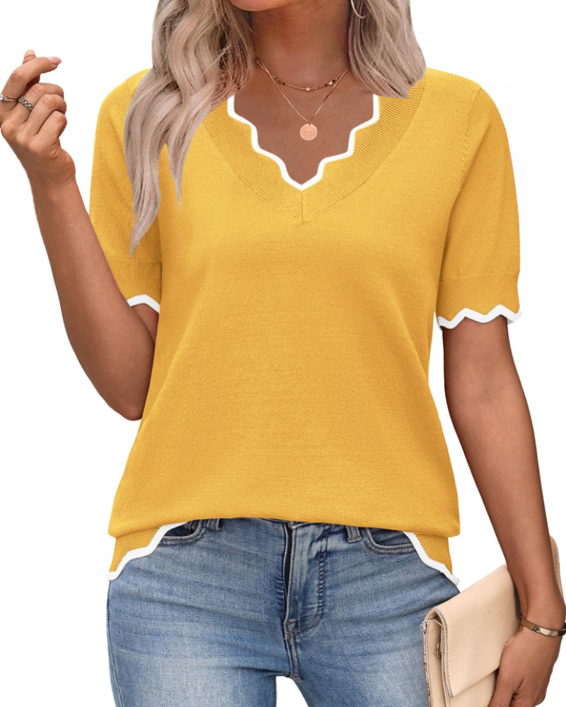 Amirah Top Dámsky – Ľahký pulóver s krátkymi rukávmi a výstrihom do V, elegantný business casual štýl