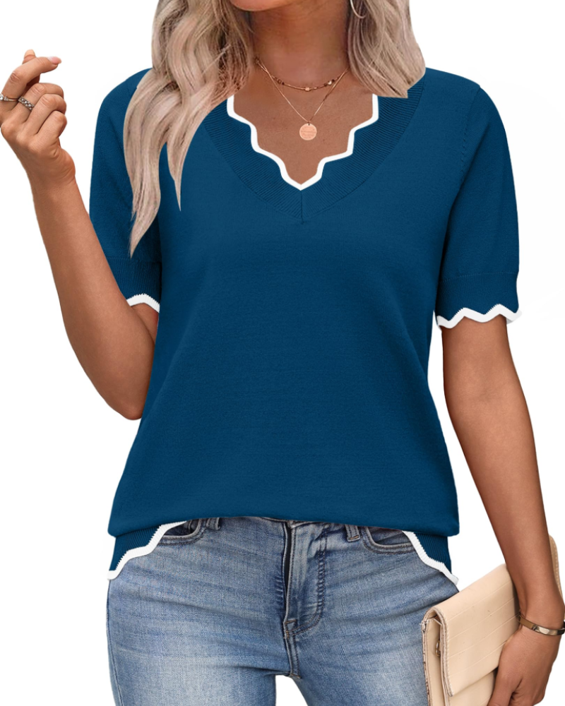 Amirah Top Dámsky – Ľahký pulóver s krátkymi rukávmi a výstrihom do V, elegantný business casual štýl