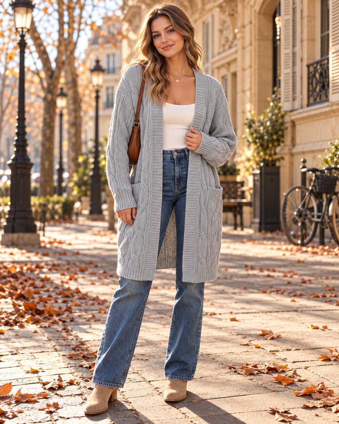 Luciana Long Gilet en Maille Ouvert pour Femme – Pull Léger avec Poches avec Superposition Décontractée en Maille Torsadée