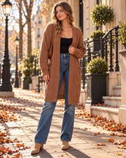 Luciana Long Gilet en Maille Ouvert pour Femme – Pull Léger avec Poches avec Superposition Décontractée en Maille Torsadée