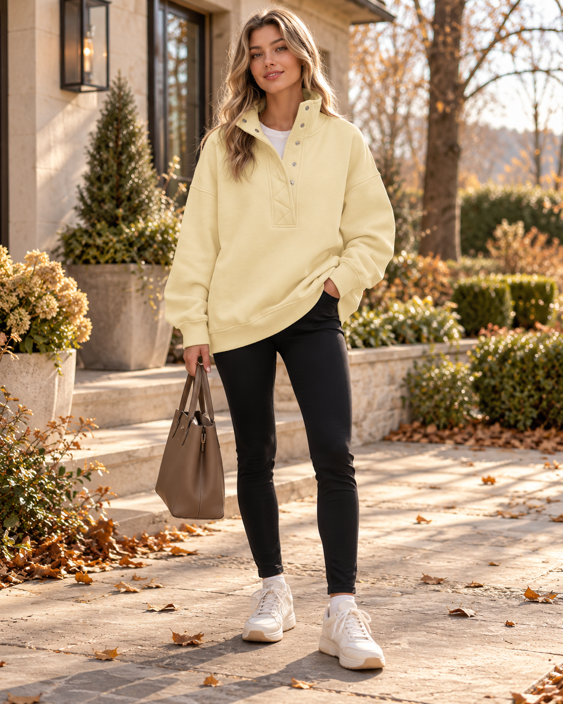 Brietta Women's Oversized Henley Sweatshirt - Long-Sleeve Sweater with Snap-Button Collar