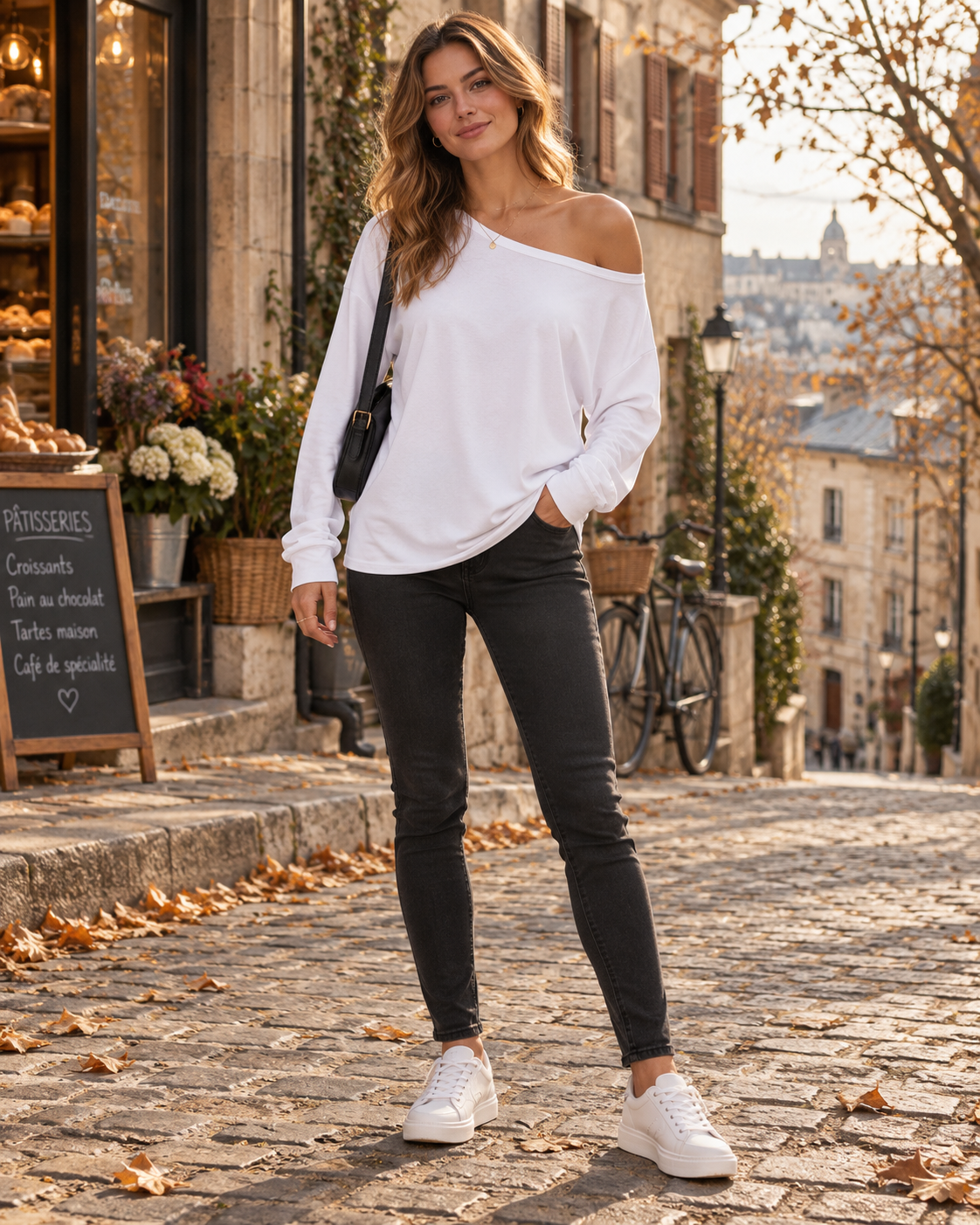 Kaia - dámský oversized top s odhaleným ramenem – asymetrická ležérní košile s dlouhými rukávy