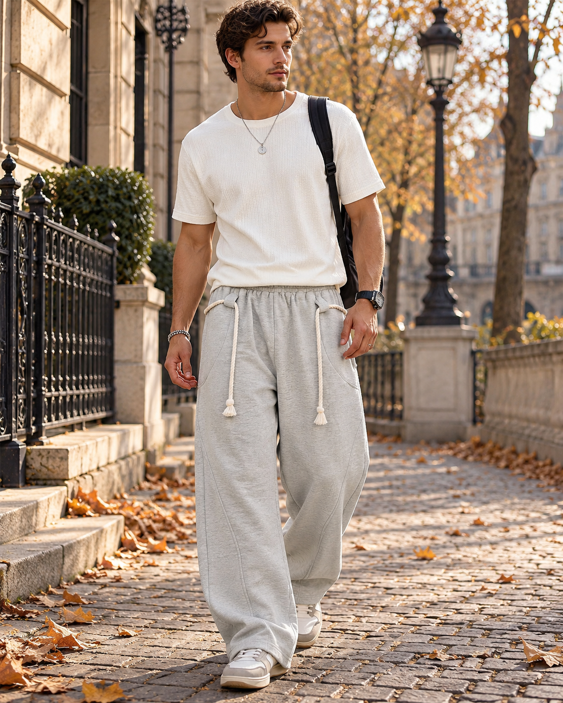 Paolo Pánské volné jogger kalhoty střihu barrel se širokými nohavicemi, ozdobnou šňůrkou a kapsami