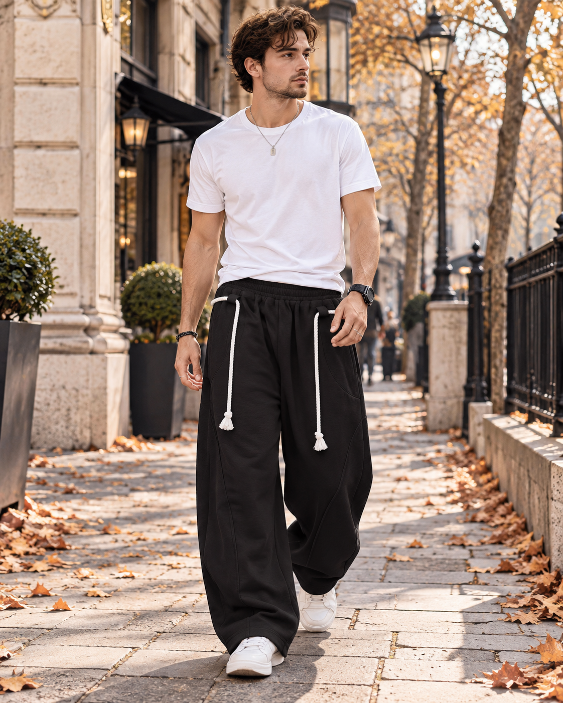 Paolo Pánské volné jogger kalhoty střihu barrel se širokými nohavicemi, ozdobnou šňůrkou a kapsami