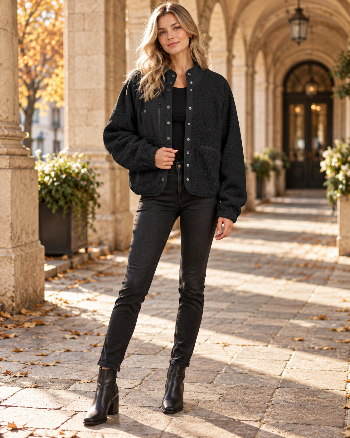 Jasmine Veste sherpa douce courte a boutons et poches - Style quotidien