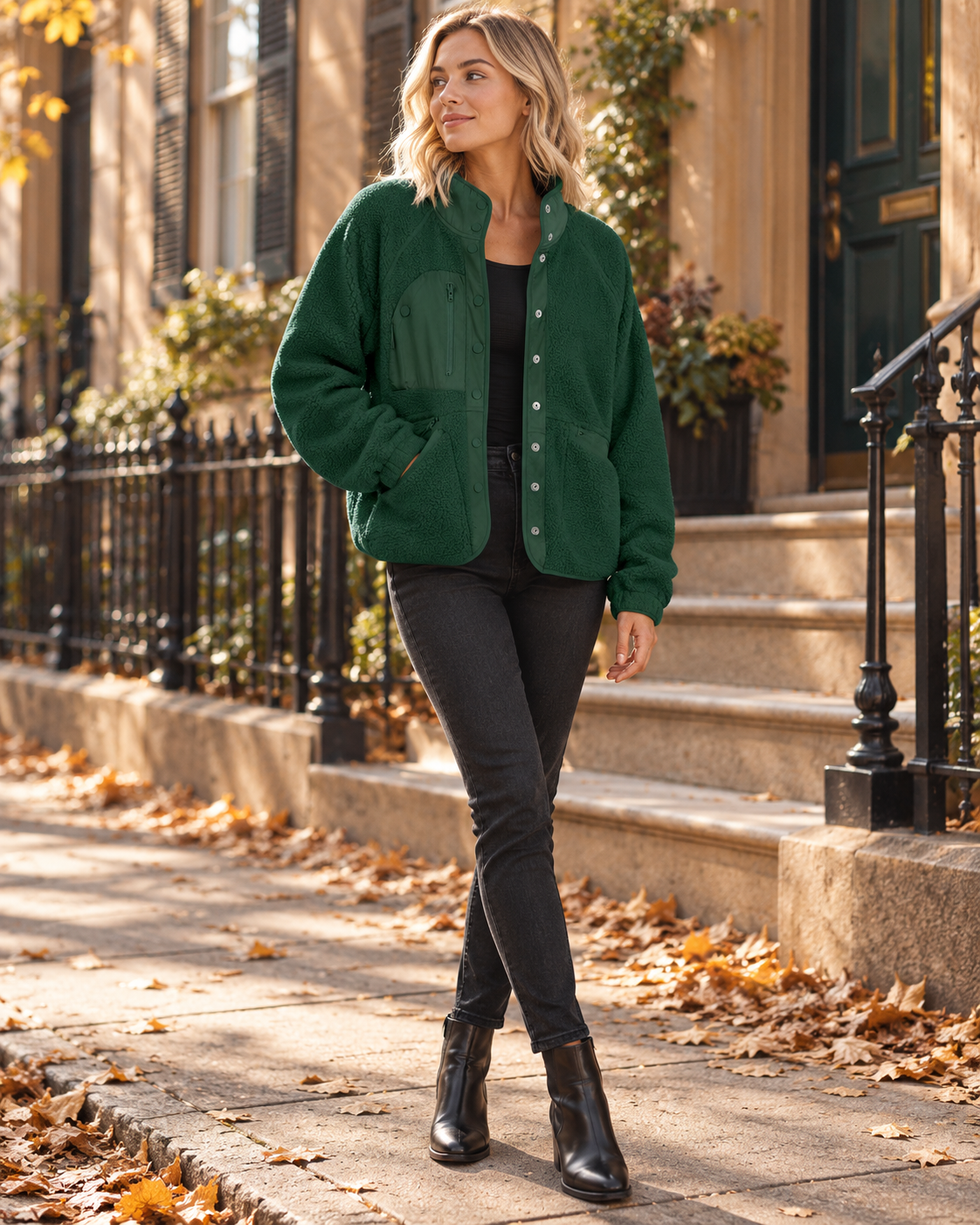 Jasmine Veste sherpa douce courte a boutons et poches - Style quotidien