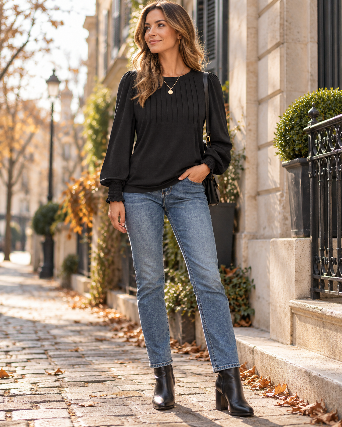 Paloma Blouse Plissée à Manches Longues pour Femme – Style Chic Décontracté pour le Bureau avec Encolure Ronde et Coupe Décontractée