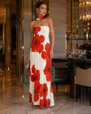 Isaline – elegancka letnia długa sukienka maxi damska, dopasowana sukienka bez ramiączek z nadrukiem