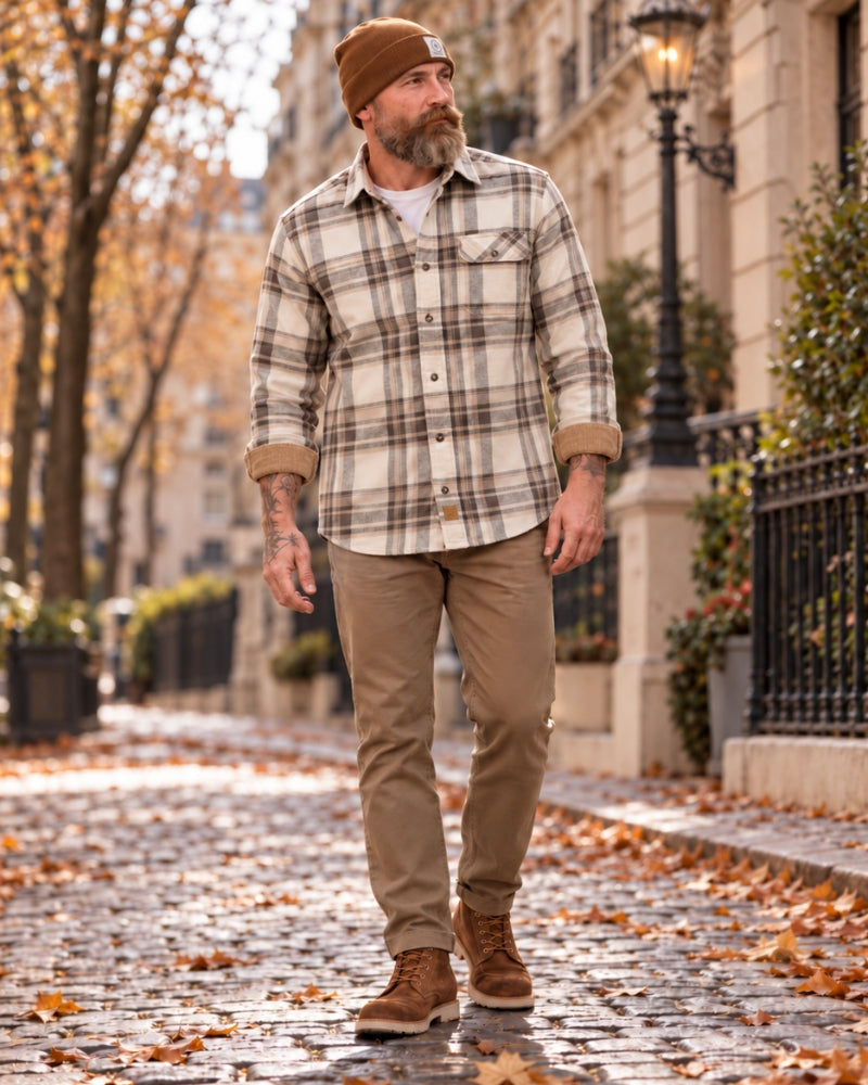 Santino Chemise homme en coton flanelle à carreaux, col et poignets en velours côtelé